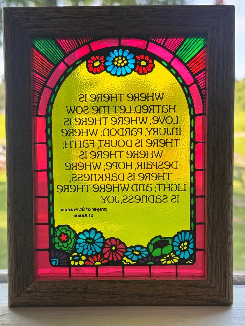 Vintage Framed Stained Glass Window Prayer of Saint Francis of Assisi 8” x 6.5”
